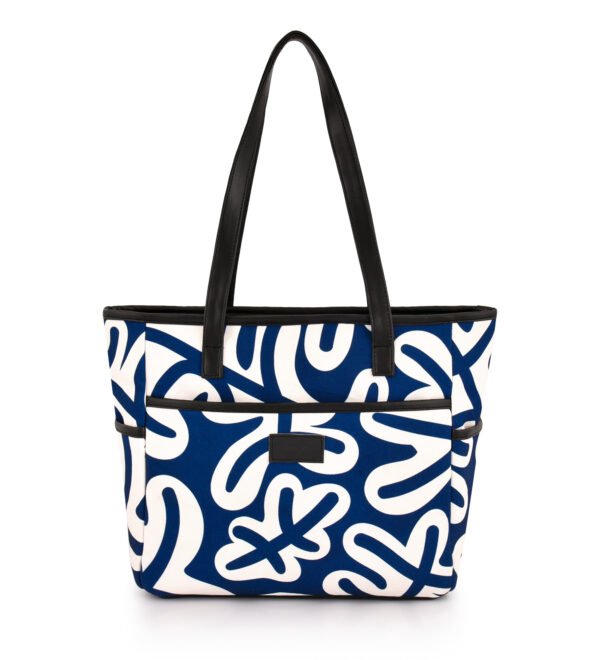 Elegant blue and white tote bag with sturdy handles, perfect for versatile styling and daily use.